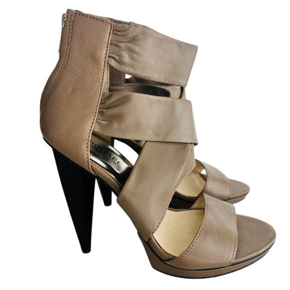 Michael Kors Cone Heel Leather Sandal Size 9 Tan Cross Strap 5" Platform New - Picture 1 of 8